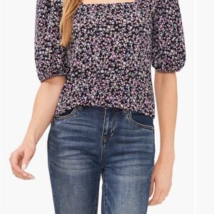 CeCe Black Floral Puff Sleeve Square Neck Top